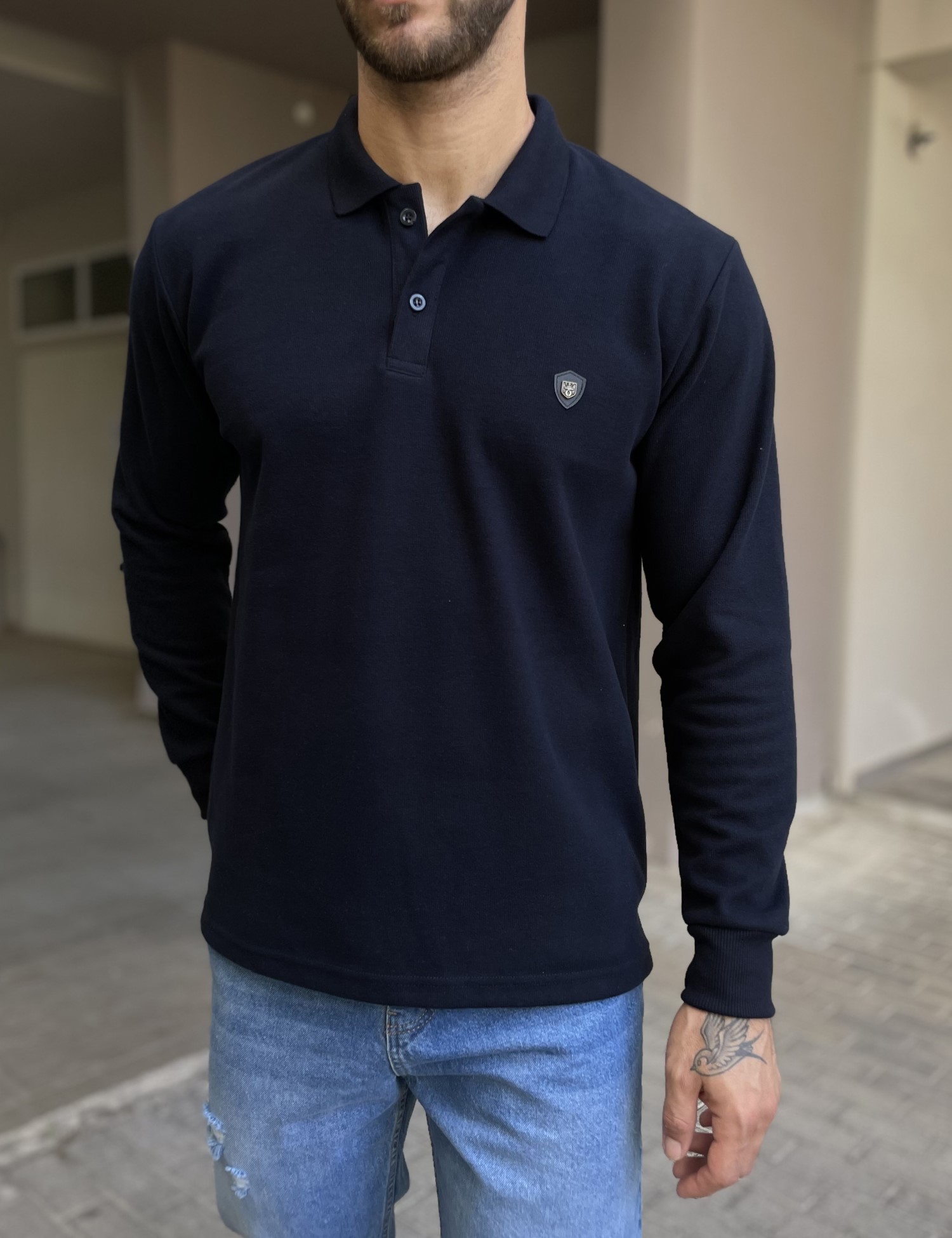 Everbest Ανδρική μπλε navy Polo μακρυμάνικη μπλούζα Plus size 261032N φωτογραφία